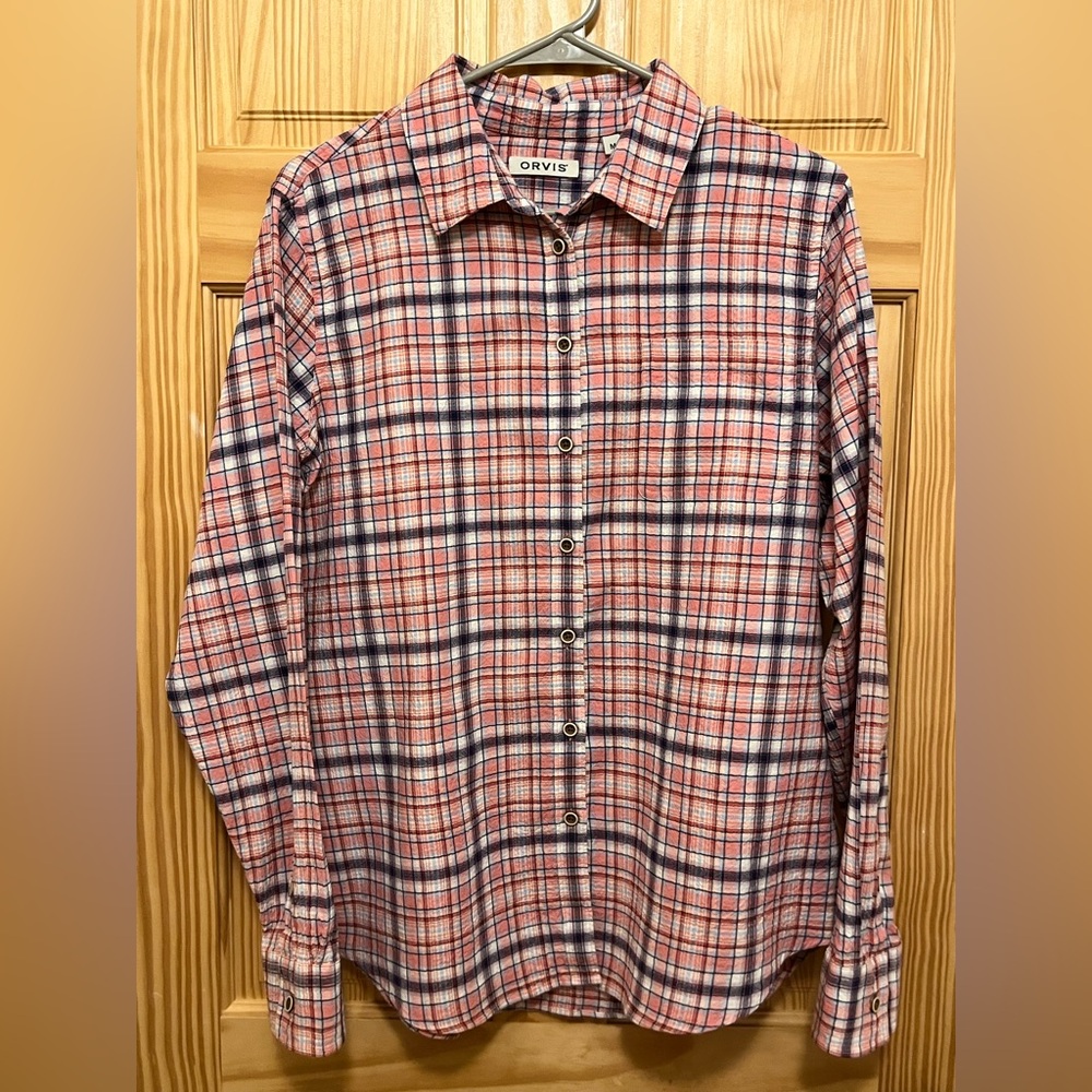 Orvis Button Down Shirt, Women's Medium, Pink/Blue Plaid, Cotton/Lycra Blend
